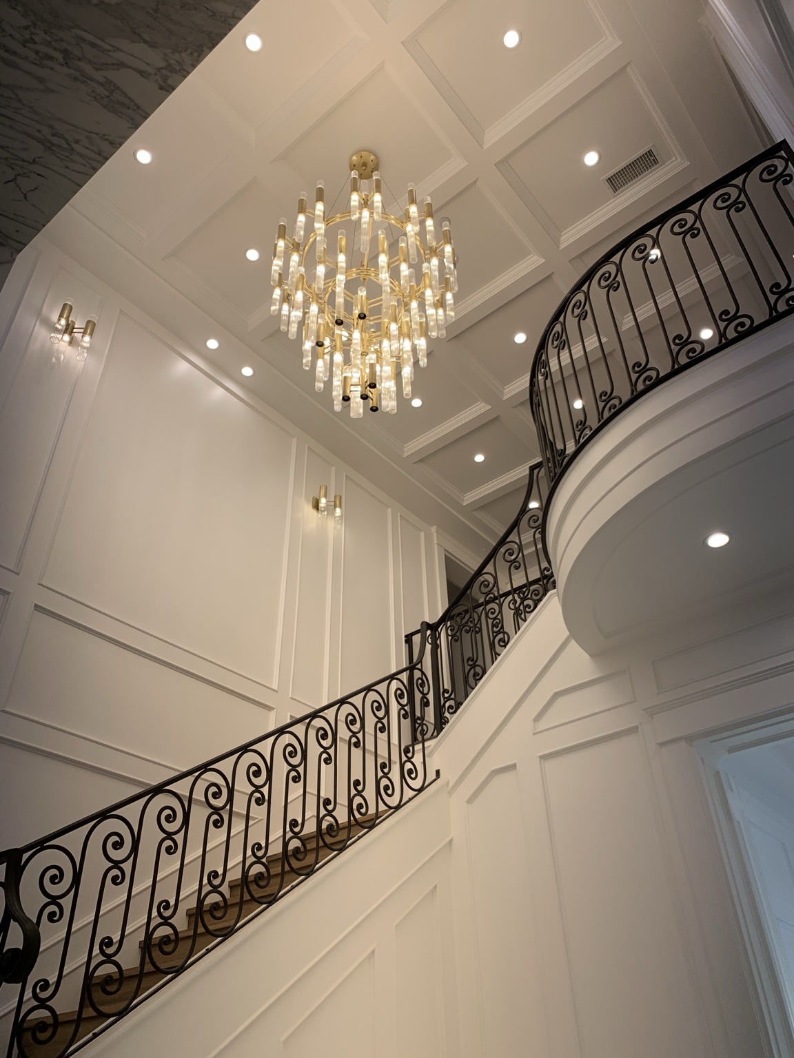 Stair hall and chandelier